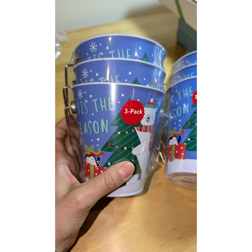 6 Metal “Tis The Season” White Blue Snow Dog New Green Tree Gift Bucket Cup 4.5”